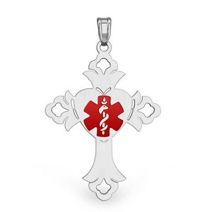 14K White Gold Medical ID Cross Charm or Pendant with Red Enamel