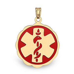 14K Yellow Gold Medical ID Round Charm or Pendant with Red Enamel