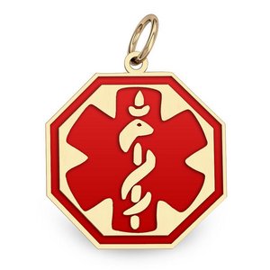 14k Yellow Gold Medical ID Octagon Charm or Pendant with Red Enamel