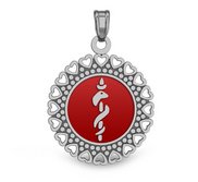 Stainless Steel Round Shaped with Hearts Medical ID Charm or Pendant with Red Enamel