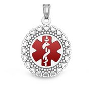 14k White Gold Medical ID Round Charm or Pendant with Red Enamel