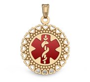 14k Yellow Gold Medical ID Round Charm or Pendant with Red Enamel