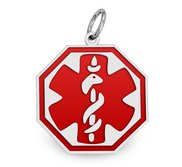 14k White Gold Medical ID Octagon Charm or Pendant with Red Enamel