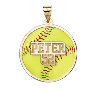Color Enameled  Yellow Softball Pendant with Name   Number