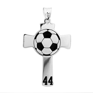 Soccer Stitch Enameled Cross Pendant w  Number