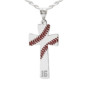 Baseball Stitch Enameled Cross Pendant w  Number
