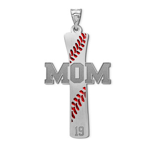 Baseball Stitch Enameled Mom Cross Pendant w  Number