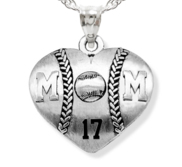 Sterling Silver Heart Shaped Mom Baseball Pendant w  Number   Chain