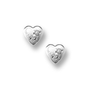 14K  White Gold Child s  Heart   with Flower Hand Engraved Earrings