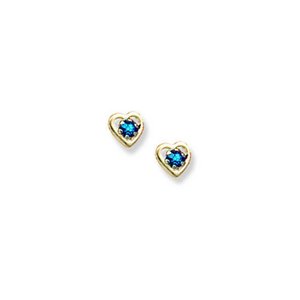 14K Yellow Gold Child s Genuine Blue Zircon Birthstone Heart Earrings