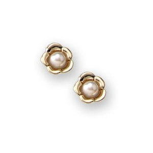 14K Yellow Gold Children s Floral with Cultured Pearl Stud Earrings