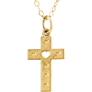 14k Yellow Gold Heart Cut Out Children s Cross Pendant w  15  Chain Included
