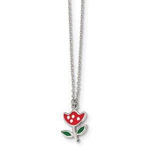 Sterling Silver Polished and Enameled Red Flower 14in Necklace