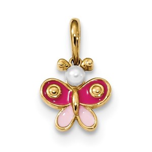 14k Yellow Gold Cultured Pearl and Enameled Butterfly Pendant