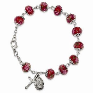 Silver tone Handpainted Red Beads Rosary Bracelet