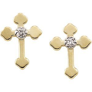 14K Yellow Gold Cross Earrings with Genuine Diamond