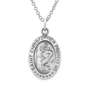 Sterling Silver Antiqued Saint Christopher Oval Religious Medal