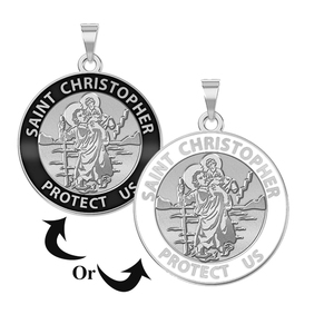 Saint Christopher Round Religious Medal  w  Black Enamel or White Enamel    EXCLUSIVE 