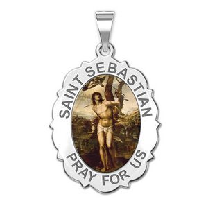 Saint Sebastian   Scalloped  Oval Religious Medal  Color EXCLUSIVE 