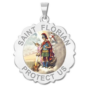 Saint Florian Scalloped Round Religious Medal   Color EXCLUSIVE 