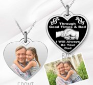 Stainless Steel  Dad   Daughter  Photo Engraved Heart Pendant with 18  Chain