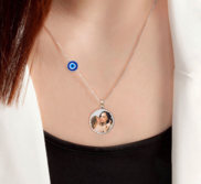 Personalized Round Photo Necklace with Evil Eye Charm