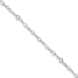 Sterling Silver Polished Freshwater Cultured Pearl   Heart Anklet