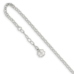 Sterling Silver Polished Four Leaf Clover Charm with 1in ext  Anklet