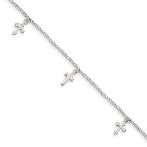 Sterling Silver Cross Charm Anklet w  1 Inch ext 