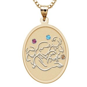 Mother with Three Sons Oval Pendant   with Birthstones