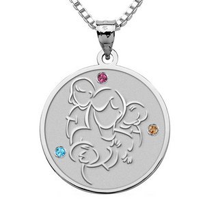 Mother with Daughter and Two Sons   with Birthstones Round Pendant
