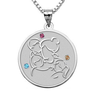 Mother with Son and 2 Daughters Round Pendant w   Birthstones