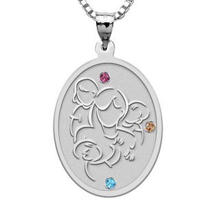 Mother with Daughter and Two Sons with Birthstones   Oval Pendant
