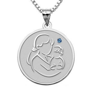 Mother and Son   Round Pendant with Birthstone