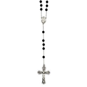 Sterling Silver Black Onyx Rosary Necklace  with Sacred Heart of Jesus