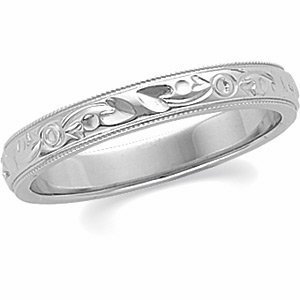 14k White Gold 3mm Hand Engraved Fancy Wedding Band