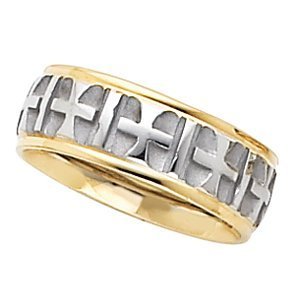 14k Two Tone 7mm Design Etched  Crosses  Wedding Band
