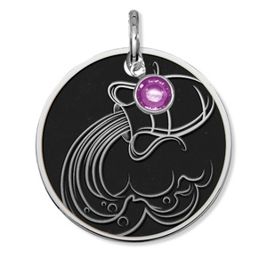 Aquarius Symbol Round Charm or Pendant w  Birthstone